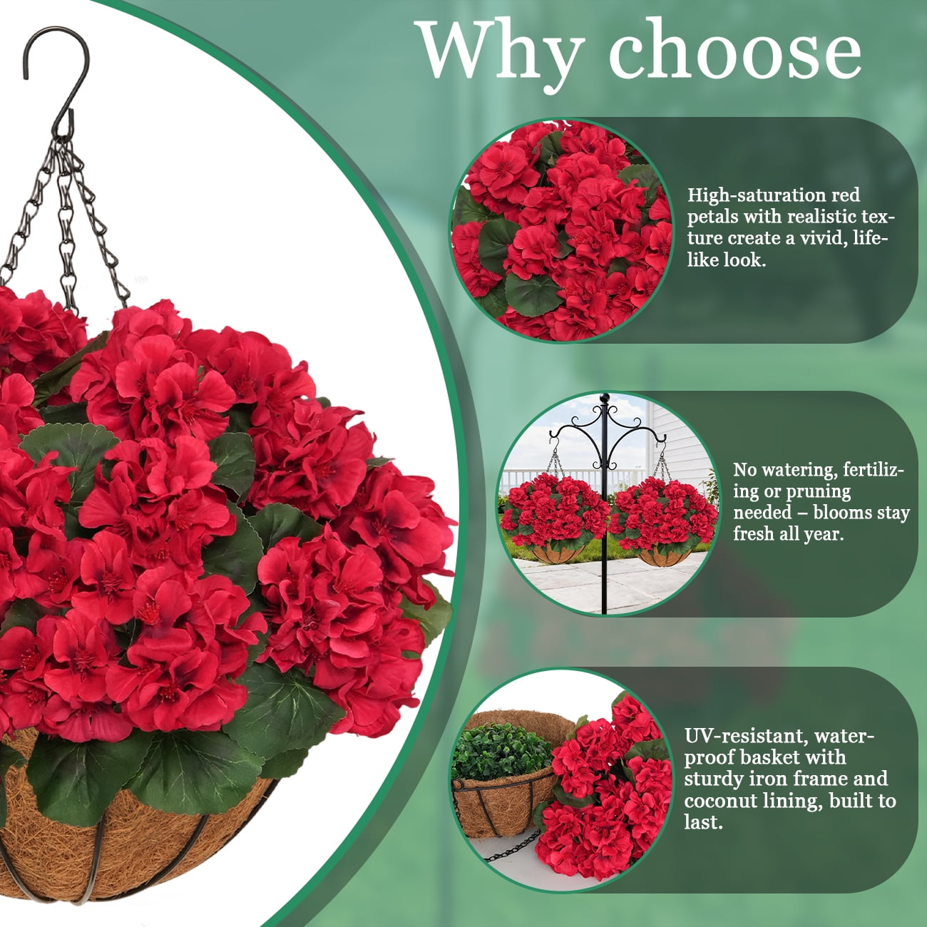 2 Sets of Outdoor Artificial Geranium Flowers with Hanging Baskets, 12Pcs of Red Geranium Fake Flowers, Christmas Front Porch Garden Terrace Home Decoration (2, Red)
