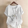 thumbnail image 2 of UPPADA Summer Tops for Women Trendy Short Sleeve Crewneck Linen Shirts Floral Print Loose Fit Tunic Blosues Vintage Cotton Linen Dressy Tshirts White,S, 2 of 5