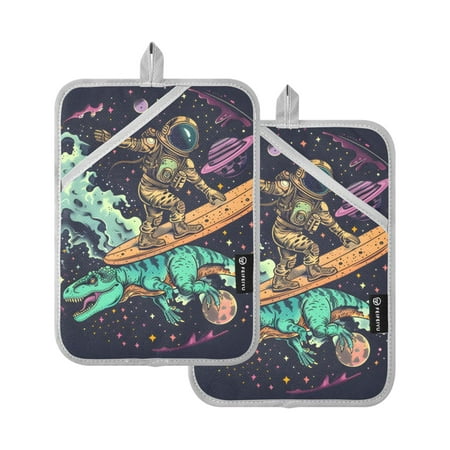 

Funny Astronaut Surfing in Space Oven Mitts 2 Pcs Pot Holders Sets Heat Resistant for Kitchen Cooking Baking 7 x9.8
