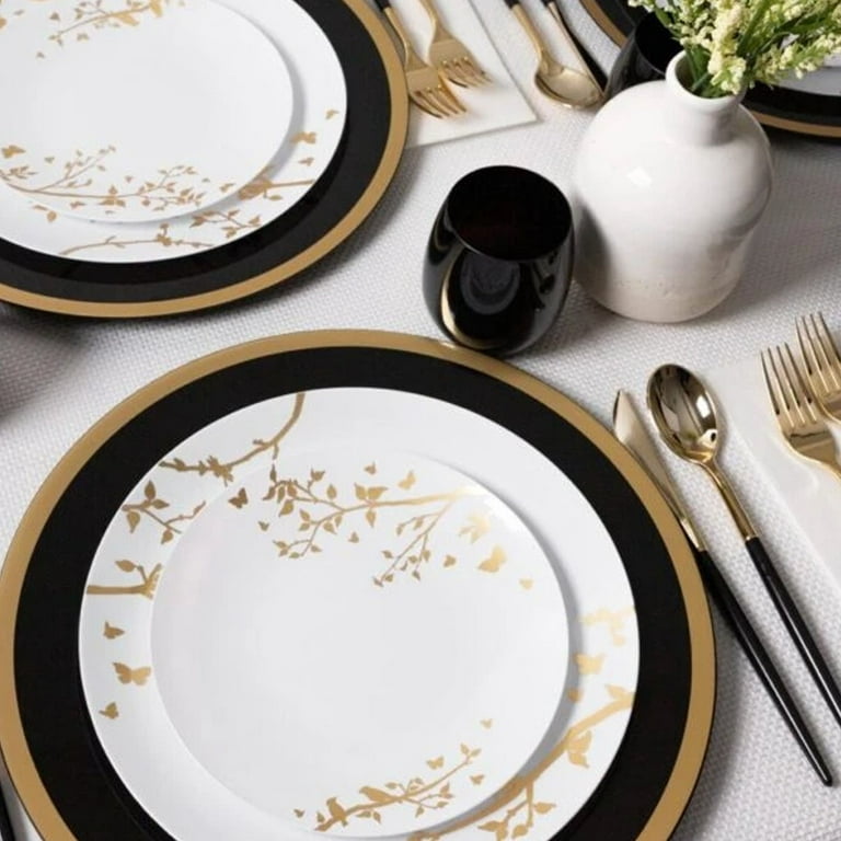 30 Piece Set of Spring Collection White and Gold Plastic Dinner Plates 10  for Dinner Parties, Wedding, Thanksgiving