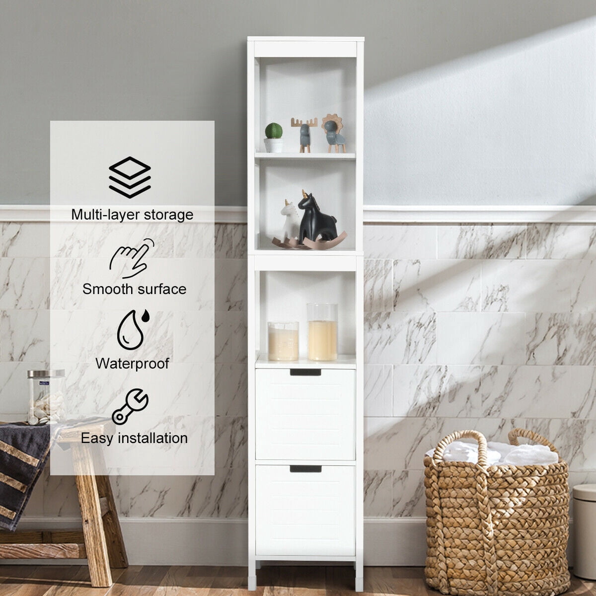 Gymax Bathroom Floor Cabinet Multifunctional Storage Organizer 5Tier Shelves&2 Drawers