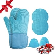 JIRTEMOT 6 PCS Set Silicone Oven Mitts and Pot Holders Sets Heat Resistant in Blue