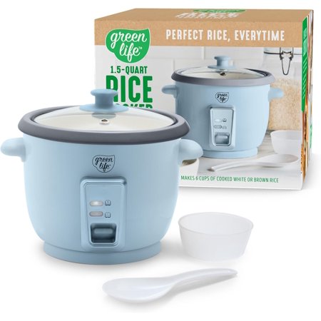 Rice Cooker with Removable PFAS-Free Ceramic Nonstick Pot 3 Cups Uncooked 6 Cups Cooked Grains and Oatmeal Multicooker Compact One-Switch Design Auto Keep Warm Easy Clean Blue Haze 1.5 QT Bestseling