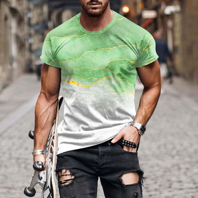breaise T-Shirts pour Hommes à Col Rond, Manches Courtes, T-Shirt Tendance à Imprimé Marbre, Chandail à Enfiler, Hauts Grande Taille et Très Grande Taille, Chandail de Gym pour Muscles, Vert XXXXXL, Aubaines Mode