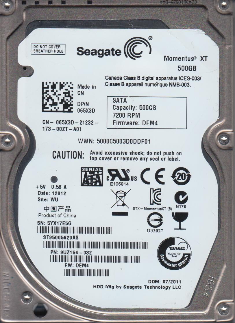 5YX ST95005620AS WU Seagate 500GB SATA 2.5 Hard Drive FW DEM4 PN 9UZ154-032