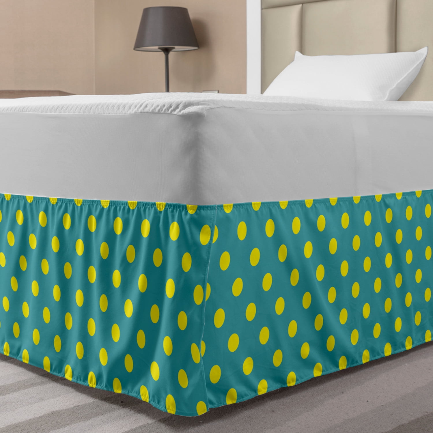 Yellow and Blue Bed Skirt, Big Vintage Polka Dots Pattern Nostalgic