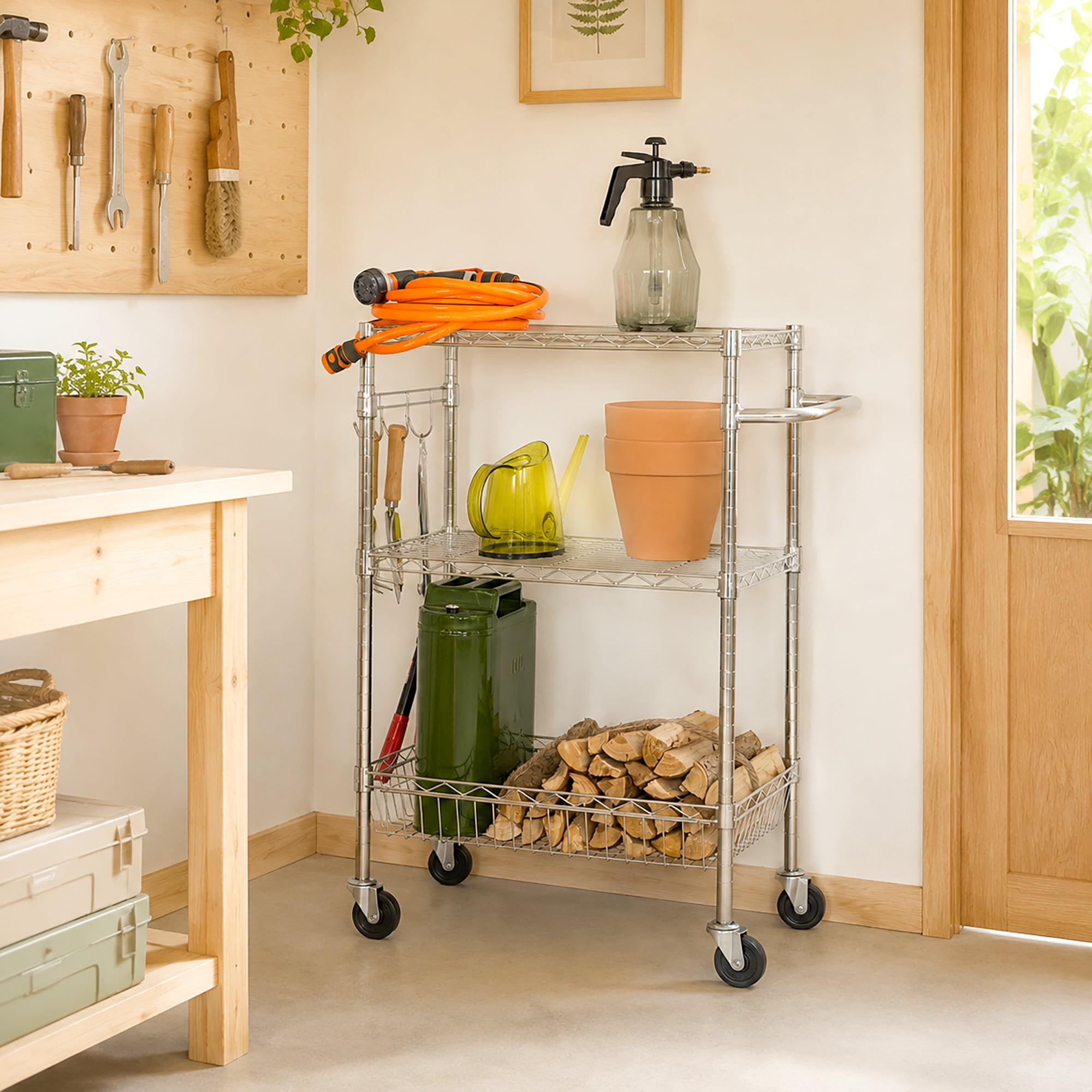 Hyper Tough 3-Tier Multipurpose Rolling Cart, Chrome Color, 495 lb Load Capacity