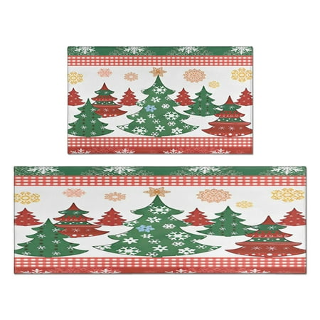 

Merry Christmas Kitchen Mats Set of 2 Rustic Farmhouse Triangle Tree Decor Mats for Floor Bathroom-Non Skid Washable Floor Mats Retro Rugs (17x47in+30x17in)