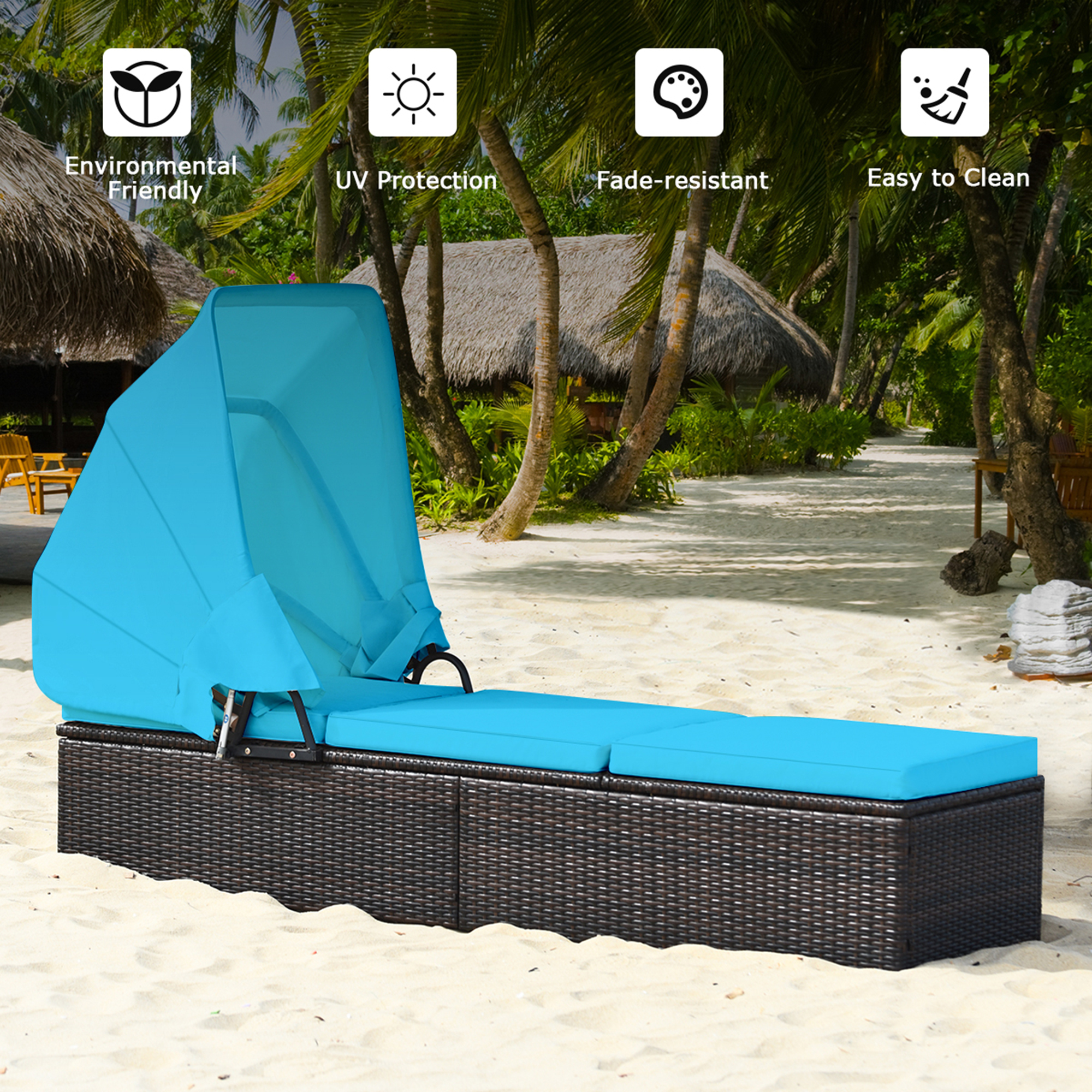 Gymax 2PCS Rattan Patio Chaise Lounge Chair W/ Adjustable Canopy Turquoise Cushion - image 5 of 10