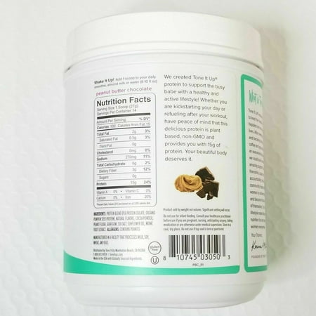 Tone It Up Plant Based Peanut Butter Chocolate Protein Powder - Pea Protein - Kosher, Sugar, Gluten and Dairy Free - 15g of Protein x 14 Servings - .77 lbs