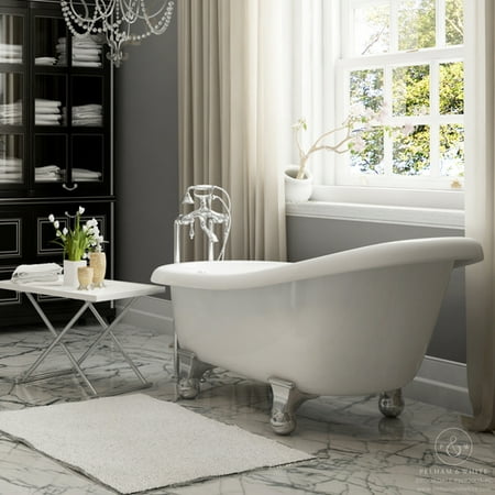 Pelham White Luxury 60 Inch Clawfoot Bathtub With Vintage Slipper Tub Design In White Includes Chrome Cannonball Feet And Drain From The Brookdale
