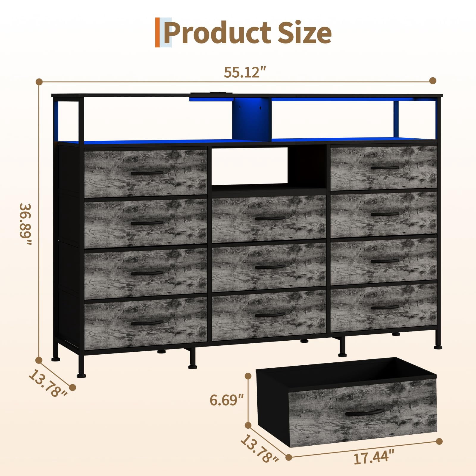 Kicctian 11 Drawers Dresser for Bedroom with LED Lights & Charging Station,Dresesr Chests of Drawers with Open Shelves,Gray