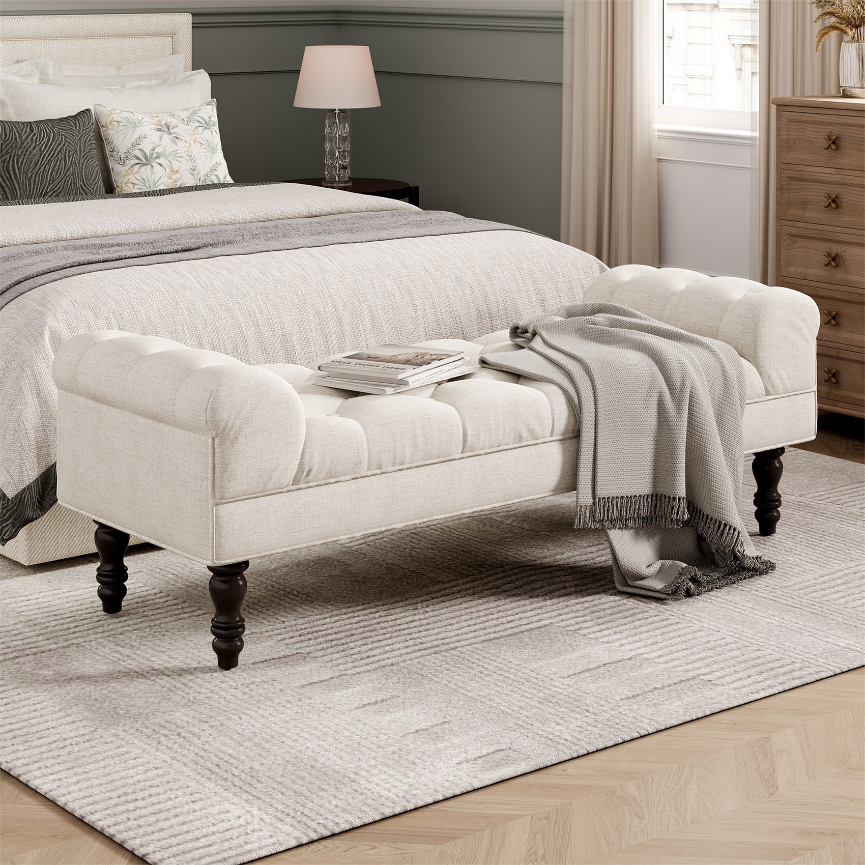 Alvantor Button Tufted End of Bed Benches Large Velvet Upholstered Bench with Pillows for Bedroom,Living Room, Entryway Beige