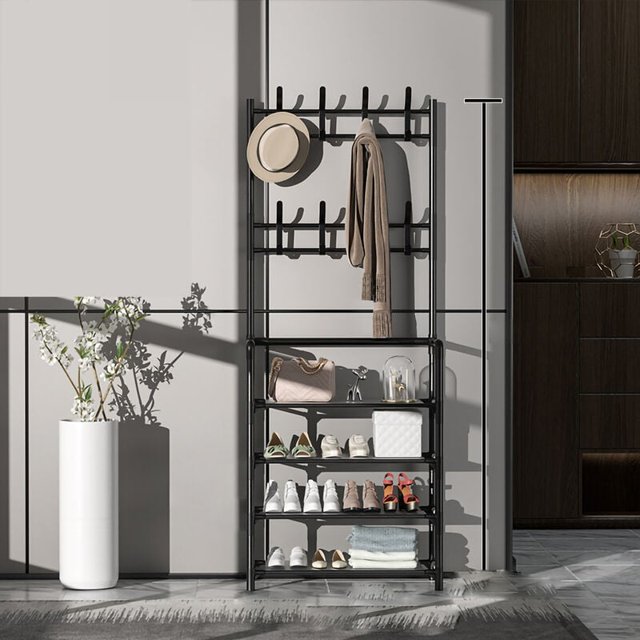 Perchero de pie, moderno, de metal, para colgar ropa, estante de almacenamiento, colgador para entrada, 60 cm, 4 capas, negro