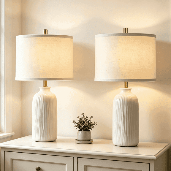 RORIA White Table Lamps Set of 2, 21"Modern Ceramic Bedside Lamps,for the Living Room, Bedroom Nightstands, and Office (Bulbs Included)