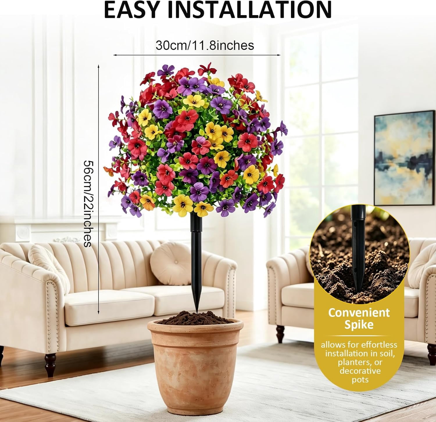 22" Artificial Flowers with Ground Spikes for Outdoors, Faux Bushes UV Resistant Spike Ball, Fake Plants Decoryard Decorations, Plastic Greenery for Garden, Yard, Patio, Front Porch,Home Décor