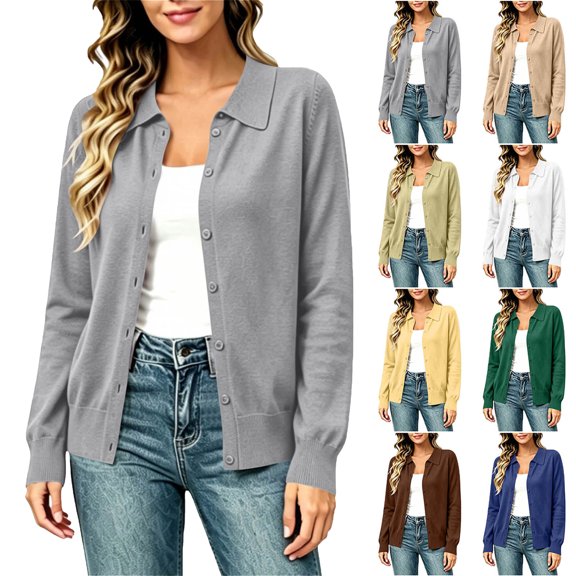 Crewneck Cardigan Long Sleeve Women's Solid Color Knitted Cardigan Long Sleeve Button Collared Hoodless Casual Outwear Gray S