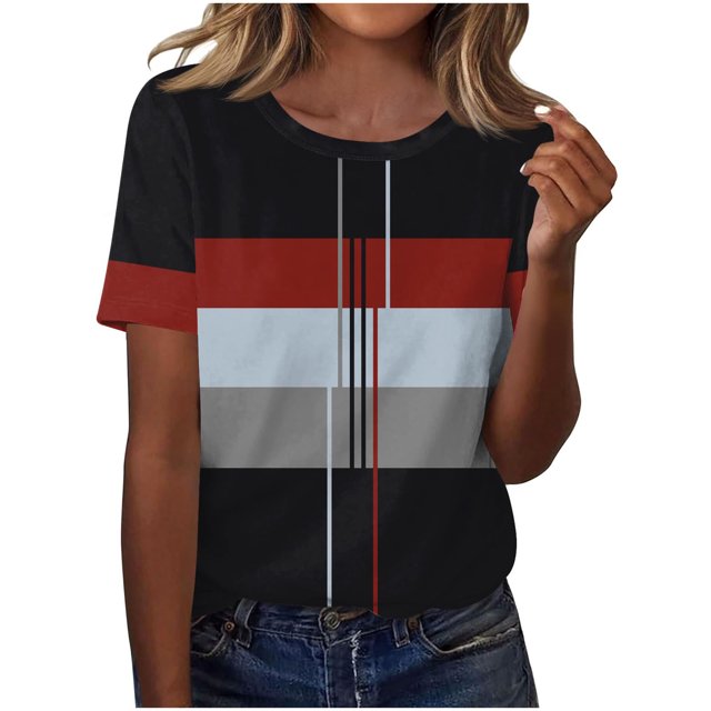 Camisetas Casuales de las Mujeres Estampadas Cuello Tripulado Manga Corta Superior, Ligera Mezcla de Poliéster Blusa de Moda