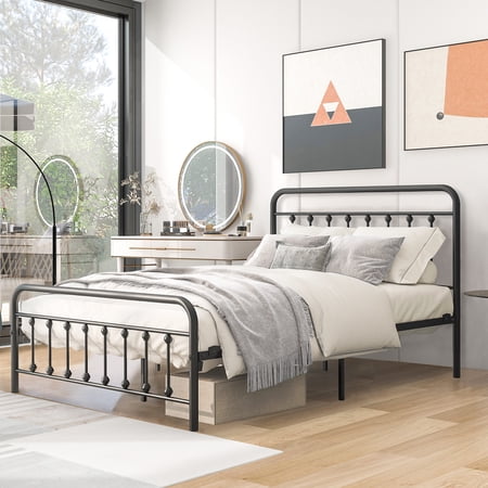 BTMWAY Full Bed Frame, Metal Platform Bed Frame with Victorian Vintage Headboard and Footboard, Full Platform Bed for Teens Adults, No Box Spring Needed, 400lbs Capacity, Black