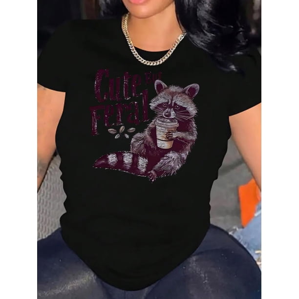 Camiseta de verano para mujer Manga Corta Cute But Feral Raccoon Graphic Print T-Shirt for Women – Casual Polyester Knit Tee with Spandex, Crew Neck, Medium Stretch, Animal Pattern, Comfort Fit – Ve