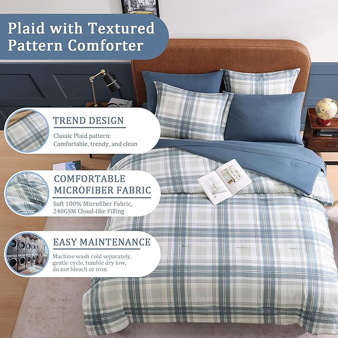 Catami Reversible Checkered Design 5-piece Bed in a Bag Comforter Set with Sheets,Blue Grey,Twin XL