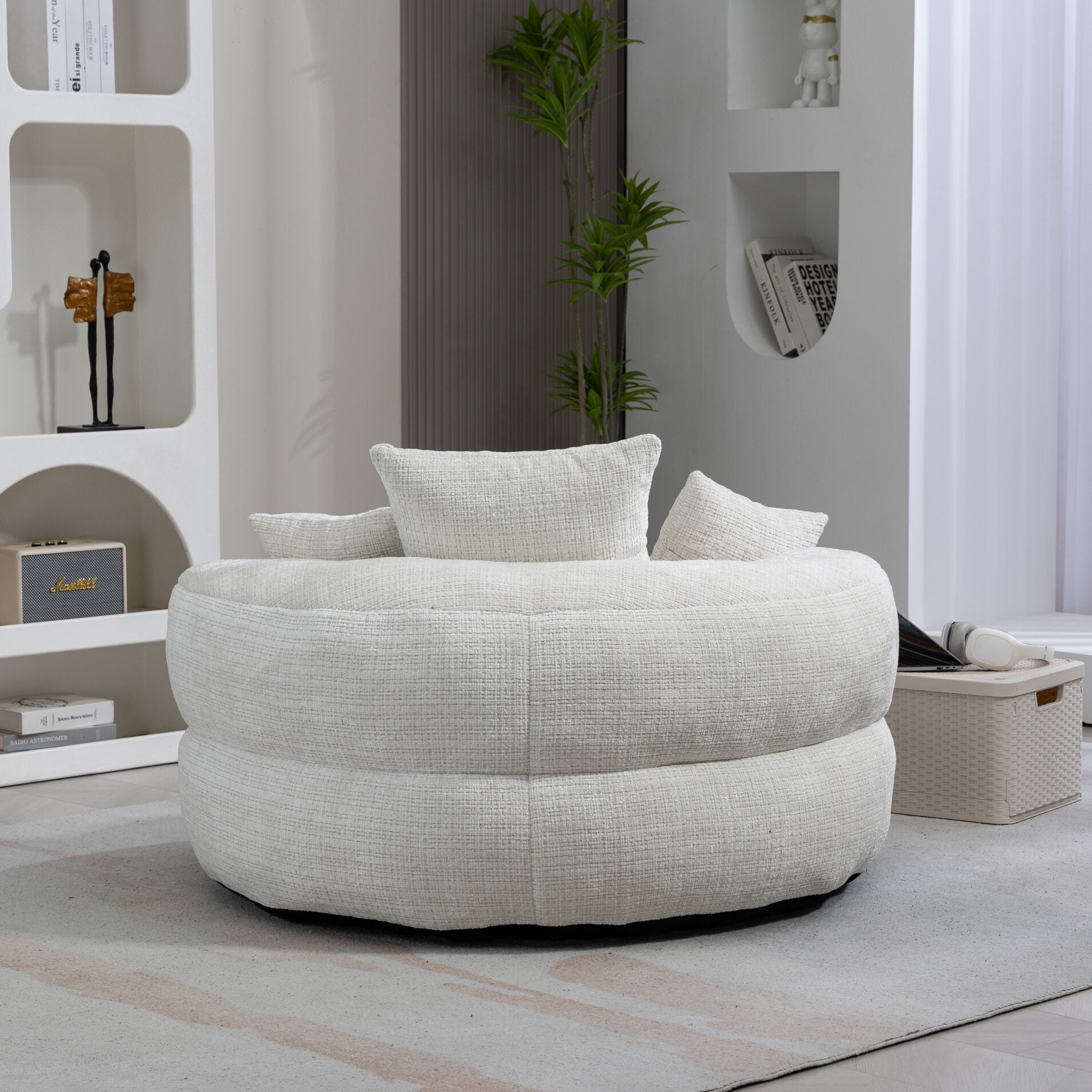 Giant Bean Bag Chair for Adults, Oversized Chenille Sofa Bed with 3 Pillows & Wrap-Around Backrest, Gaming Lounge for Living Room, Beige