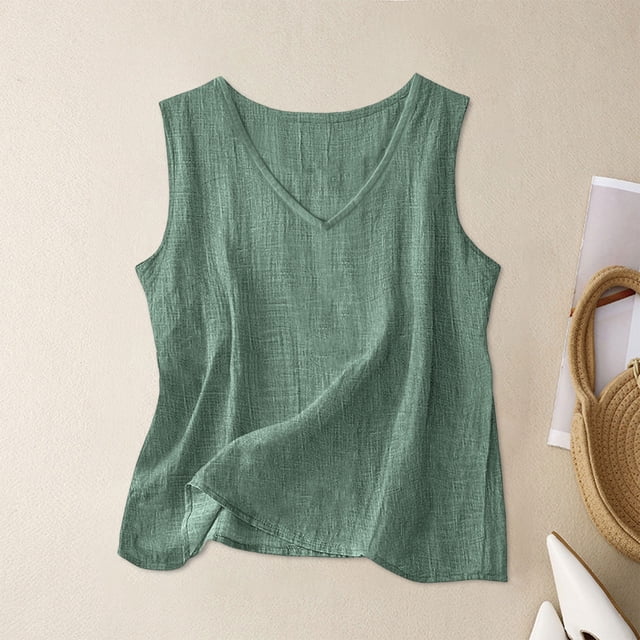 Craaazy Débardeur Femme Couleur Unie Style Lin Col Rond Sans Manches Fendu Côté Blouse Décontractée pour Cadeaux d'Été