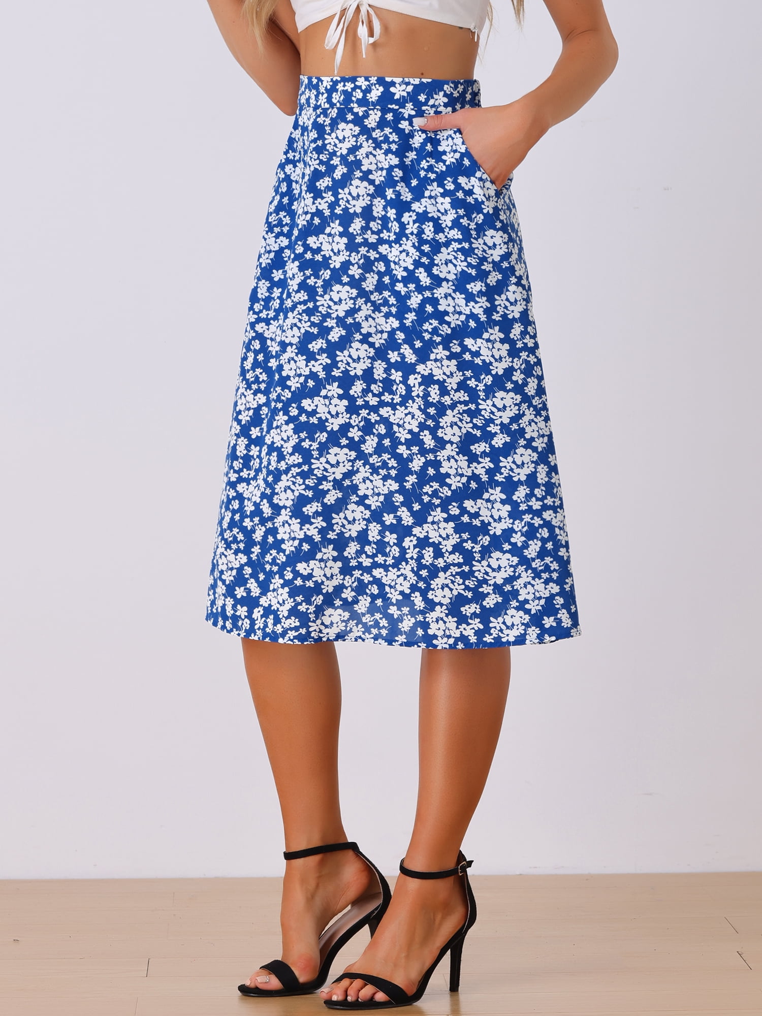 DARING DIVA Women's Floral Print A-Line Midi Skirt Skirts L Blue White