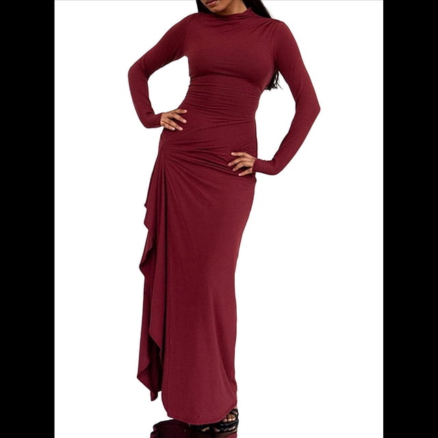 Vestido Midi Asimétrico con Abertura Irregular, Cuello Redondo, Larga y Cintura Fruncida para Mujer, Color Liso Vino Tinto S