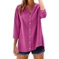 thumbnail image 4 of Women's Plus Size Cotton Linen Shirt, 3/4 Sleeve Button Down Blouse, Loose Fit Breathable Casual Top for Work, Daily Wear and Versatile Outfits Hot Pink XL, 4 of 10