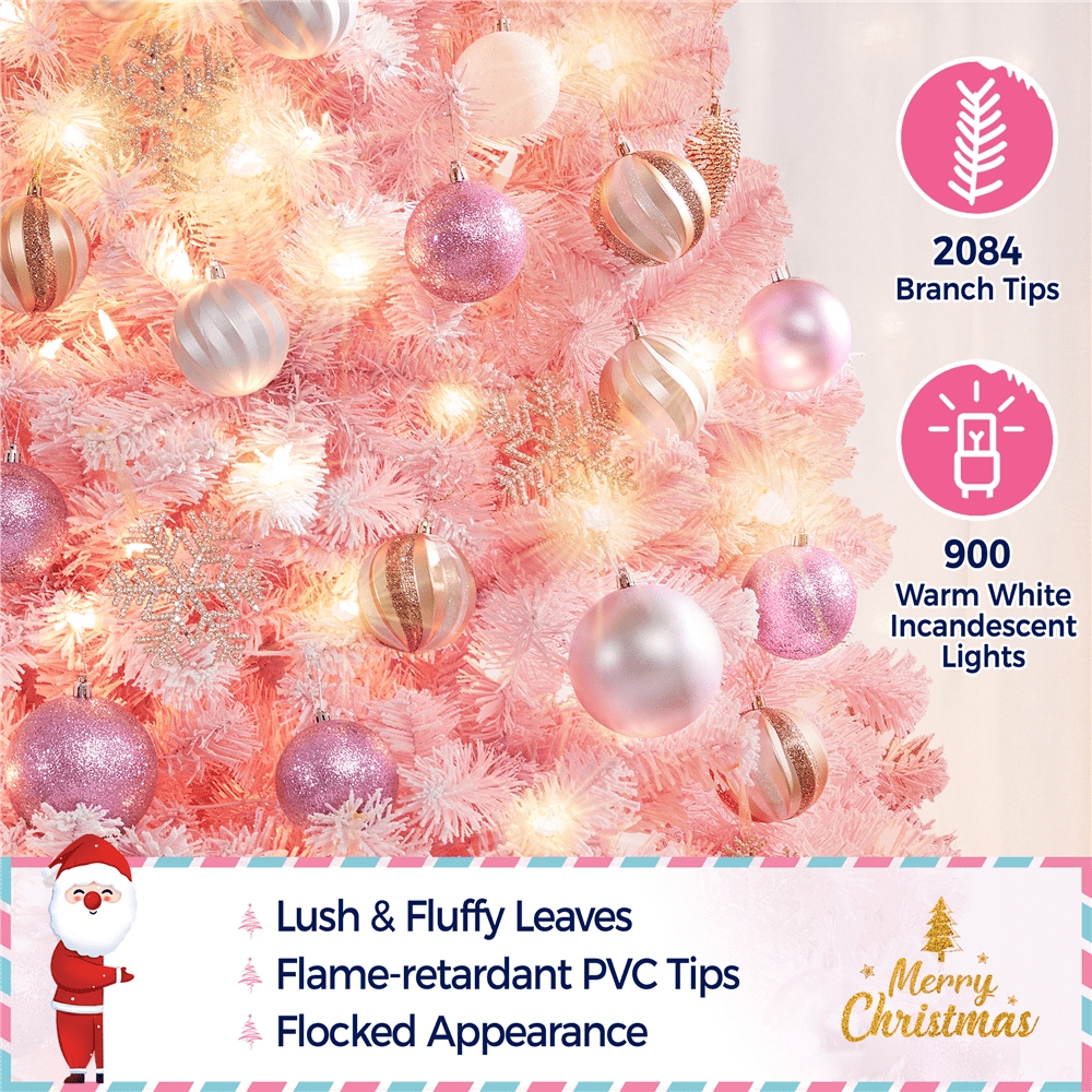 Alden Design 9Ft Pre-lit Flocked Artificial Christmas Tree with Incandescent Warm White Lights, Pink Gradient