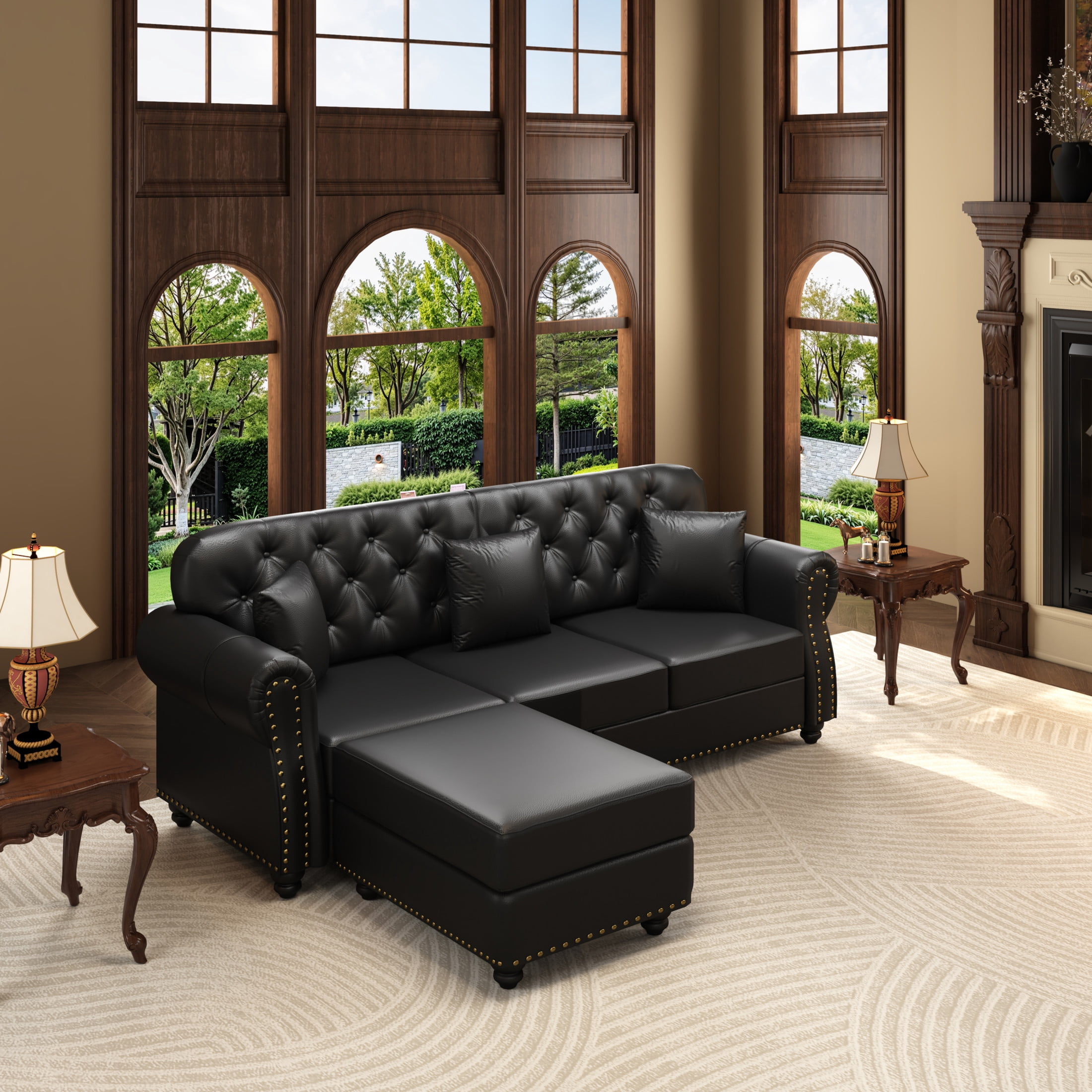 Noble House 82.6" Upholstered Faux Leather Chesterfield Sofa, Button Tufted Couch with Pillows and Nailheads, Black