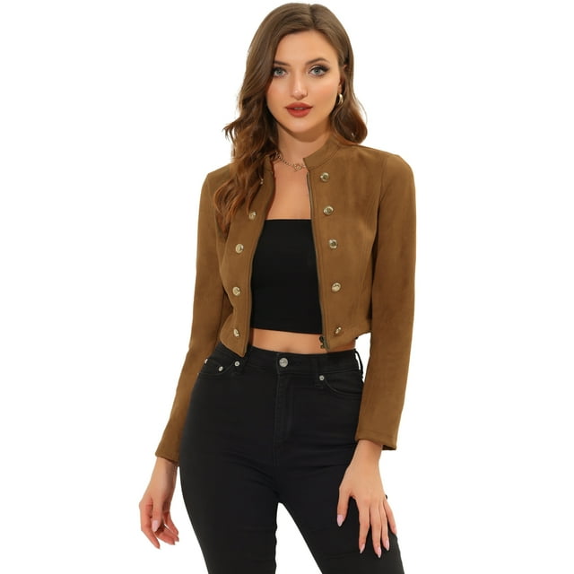 Allegra K Chaqueta corta de manga larga con cremallera y cuello levantado de ante sintético para mujer marrón S