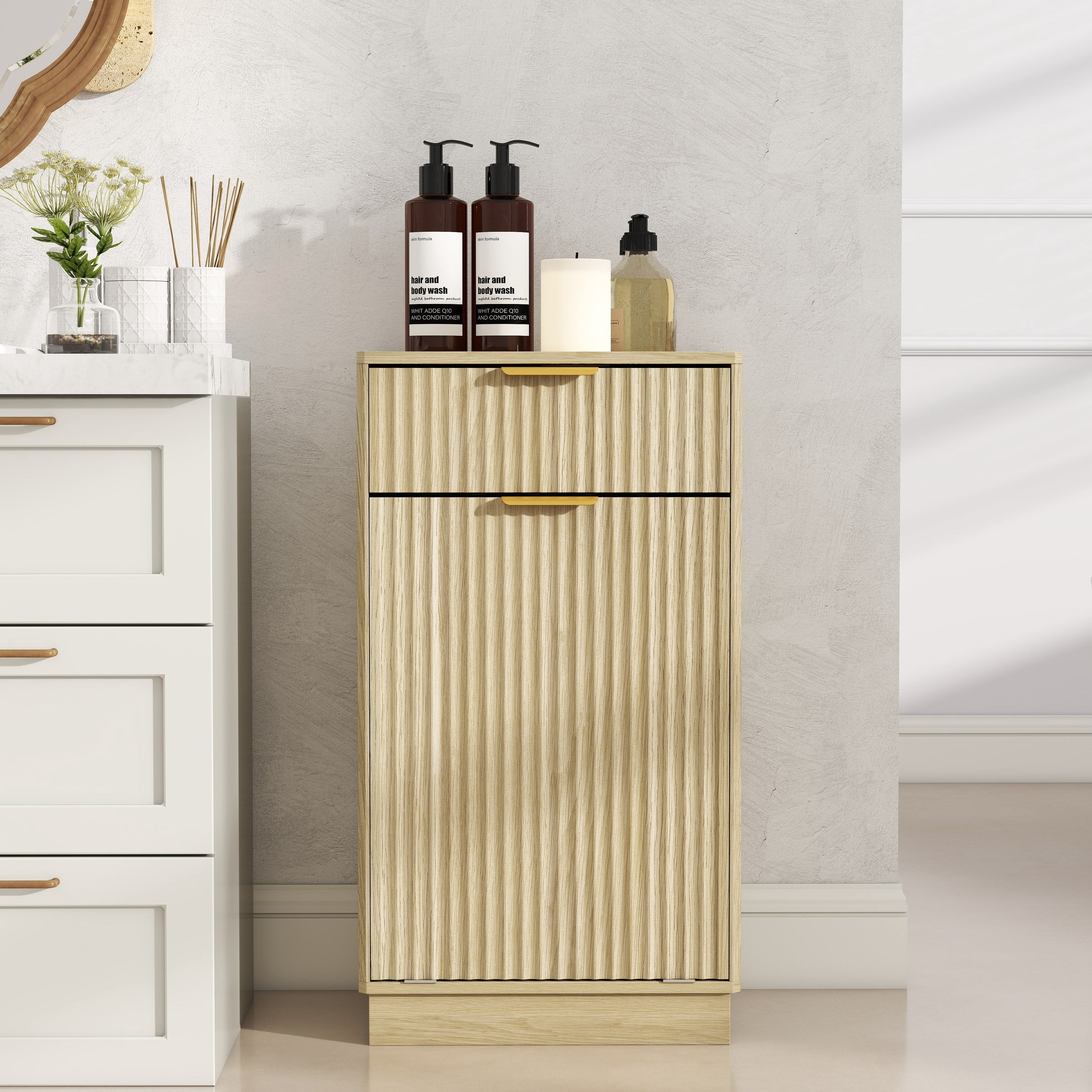 10-Gallon Woodgrain Tilt-Out Trash Can Cabinet with Wave-Textured Drawer & Pull-Out Bin - Multipurpose Kitchen/Bath Organizer in Oak Finish
