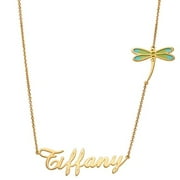 Personalized Women's Gold Plated Script Name with Enamel Dragonfly Necklace