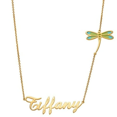 Personalized Women's Gold Plated Script Name with Enamel Dragonfly Necklace