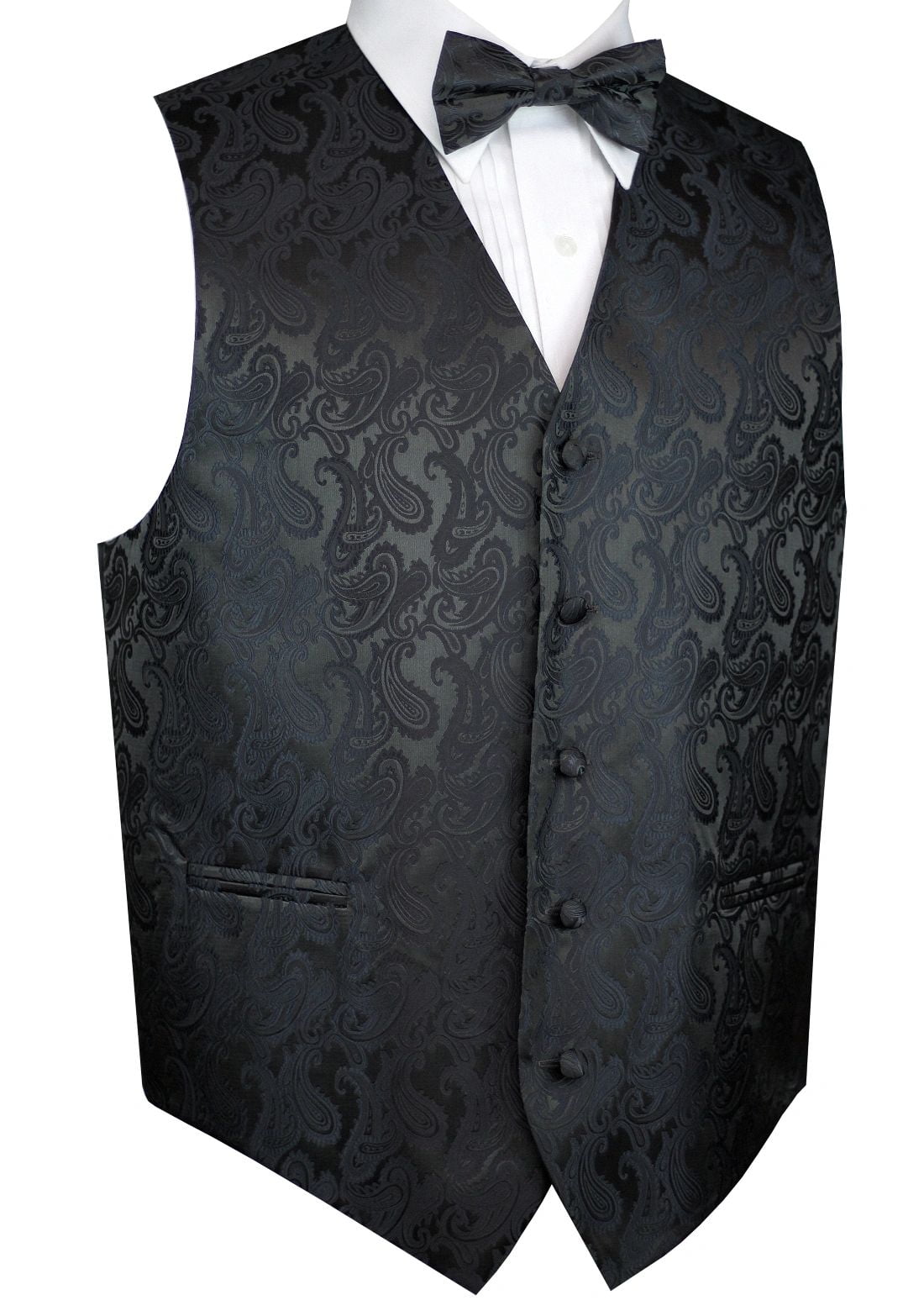 New formal Men's micro fiber pretied bow tie & hankie set paisley black wedding 