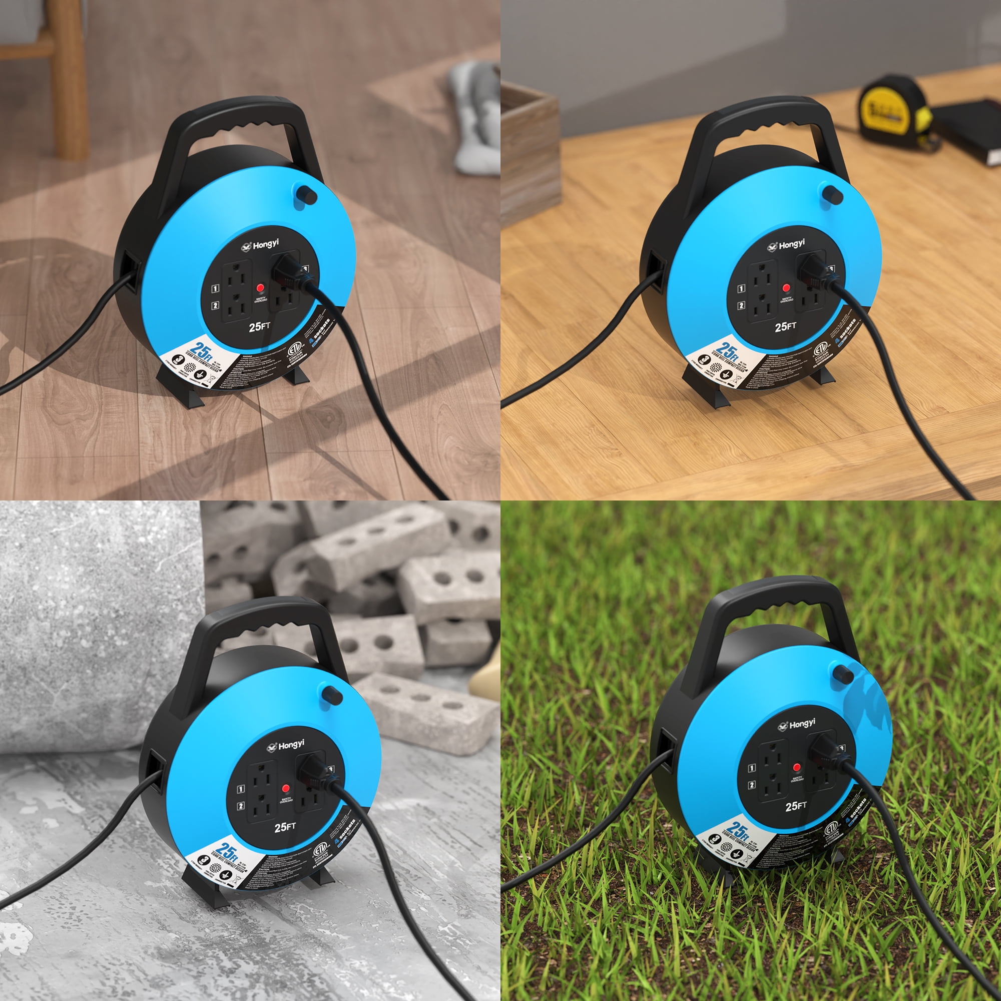 Hongyi Extension Cord Reel with 16AWG x 3C SJT 25ft 4-Outlet,Blue