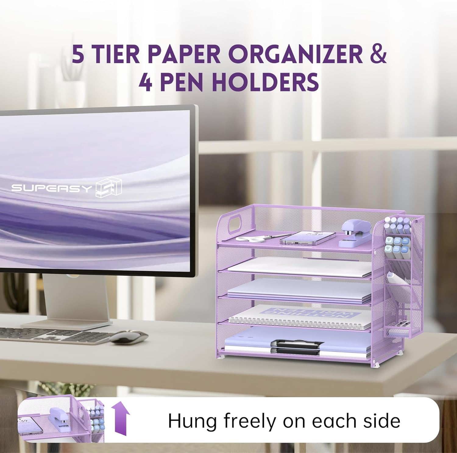 INTIGE 5-Tier Metal Mesh Desk Organizer with Handle & Removable Pen Holders, Purple, 1 Pcs