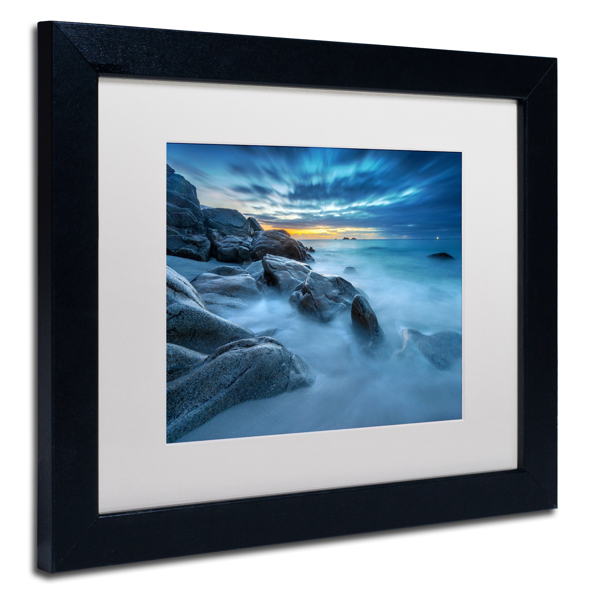 Trademark Fine Art "Blue Hour for a Blue Ocean" Canvas Art by Mathieu Rivrin, White Matte, Black Frame