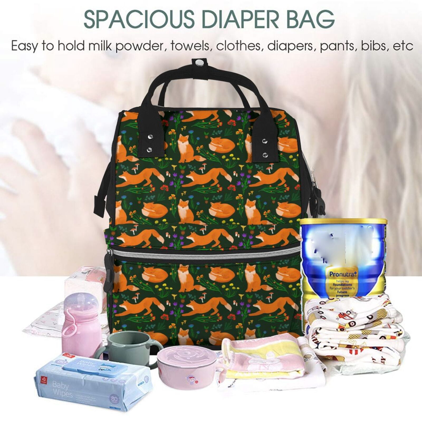 Fuzoiu Cute Little Foxes Print Diaper Bag Backpack,Baby Essentials Travel Tote,Multi function Waterproof Diaper Bag, Travel Essentials Baby Bag - Unisex