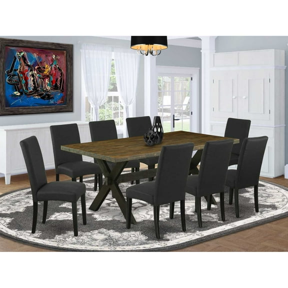 East West Furniture X677DR124-9 9-Pc Dining Table Set- 8 Parson Dining Chairs with Black Linen Fabric Seat and Stylish Chair Back - Rectangular Table Top & Wooden Cross Legs - Distressed Jacobean and