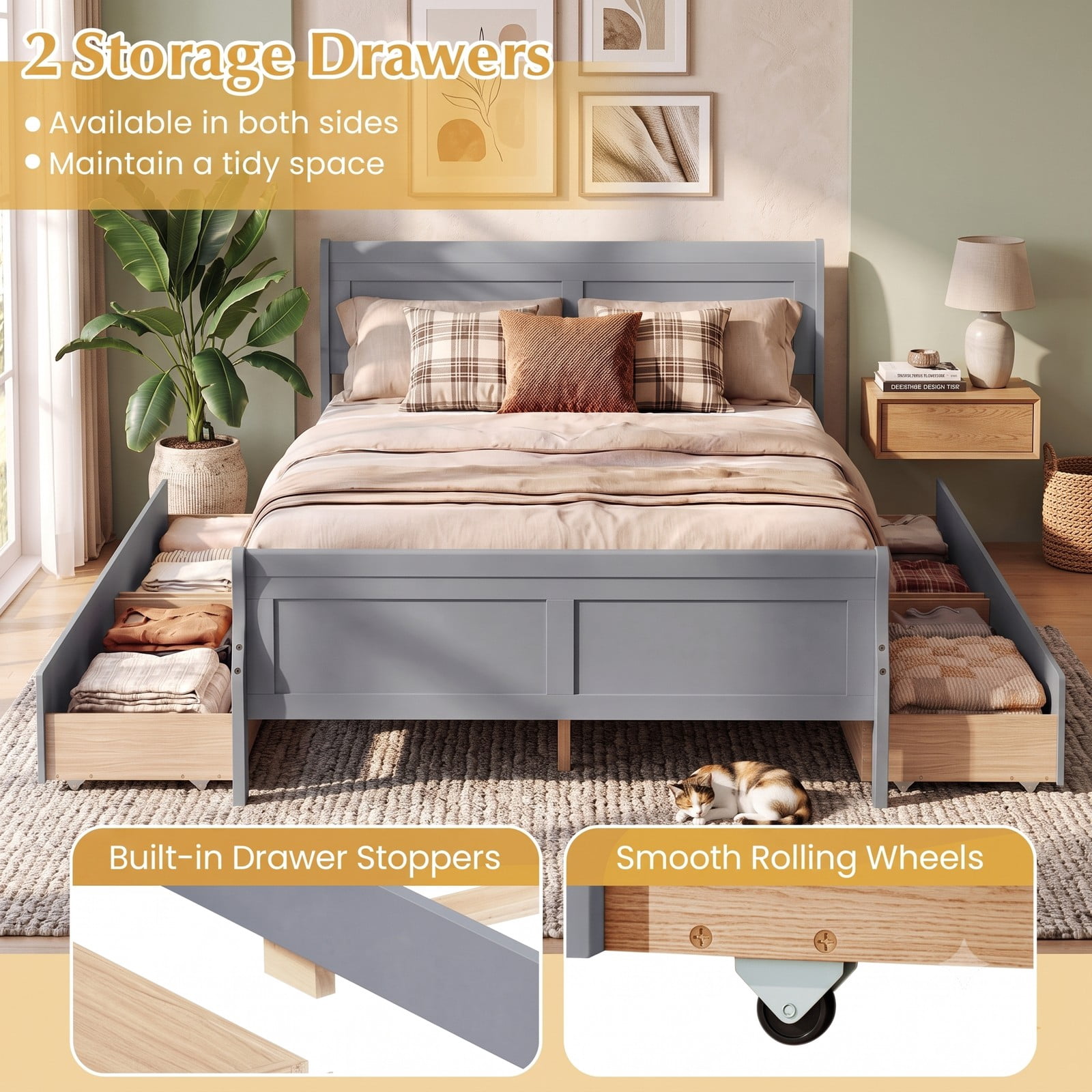 Furnibear Full Size Bed Frame with Storage, Wood Platform Bed with 2 Storage Drawers, Panel Headboard and Footboard, Gray