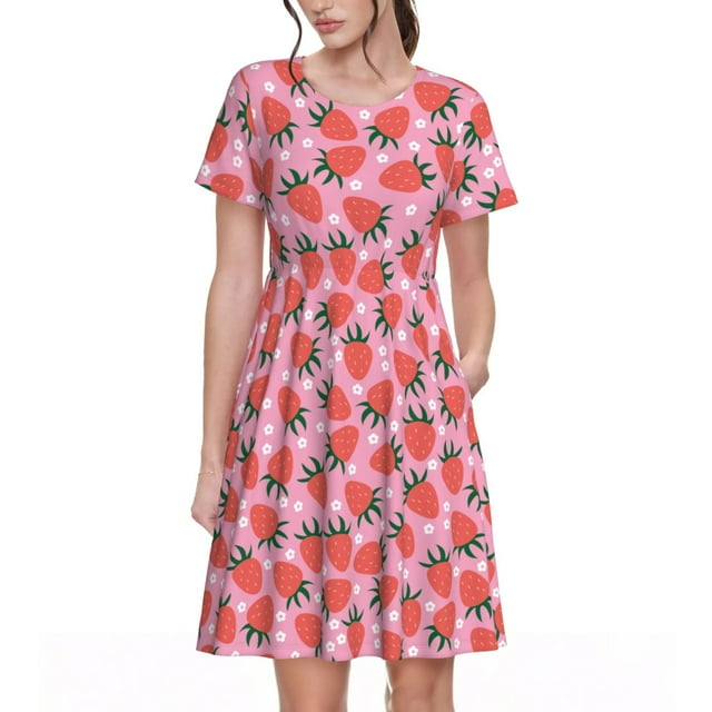 Vsdgher Fraise pour Femmes Été 2025 Décontracté Robes Midi Maxi Légères Manches Courtes Col Rond Robe de Plage
