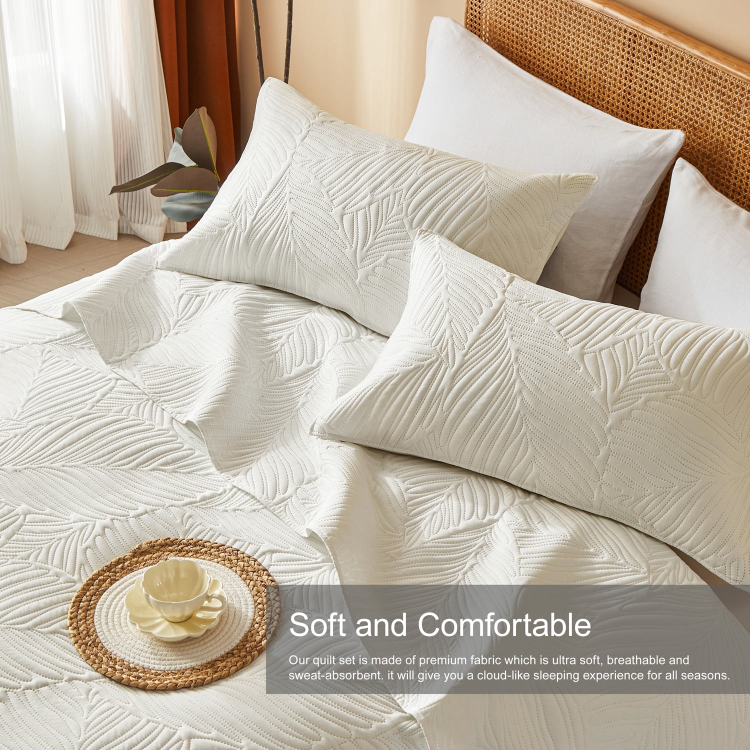 Davulos 3 Pieces Queen Quilt Bedding Set Soft Lightweight Beige Bedspread with Leaf Pattern,Microfiber Bed Coverlet Full Size for All Season