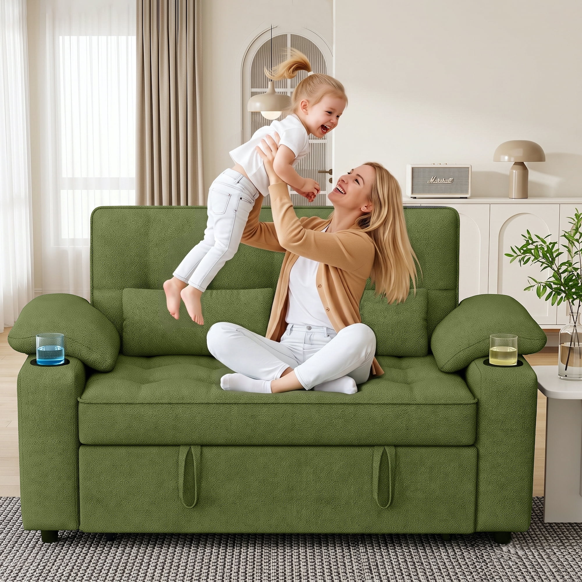 58" Sleeper Sofa Bed, Full Size Pull Out Couch, Towel Fabric Convertible Loveseat with USB Charging, Cup Holders, Adjustable Backrest & Side Pockets for Living Room, Apartment, Office (Green)