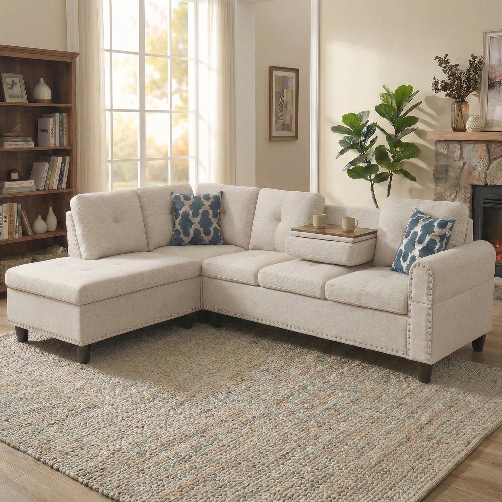 AENKYO 98" L-Shaped Upholstered Sectional Sofa Couch with Storage & Cup Holders, Faux Leather Living Room Sofa Set, Beige