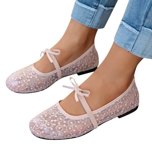 Willtoo Ballet Flats for Women Closed Toe Bowknot Floral Mary Jane Shoes Breathable Lace Dress Flats Shoes
