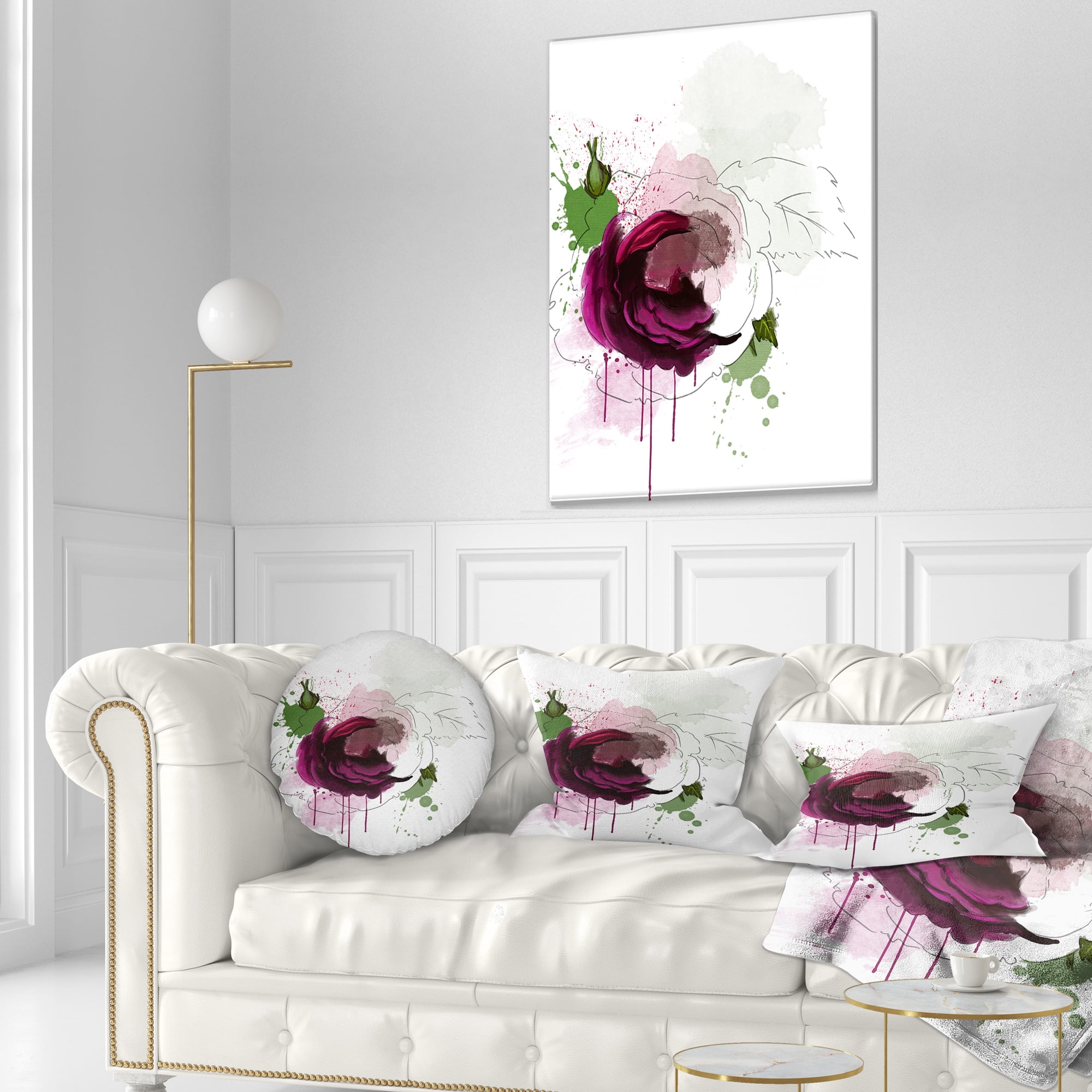 Designart Purple Rose Sketch Watercolor - Floral Throw Pillow - 12x20