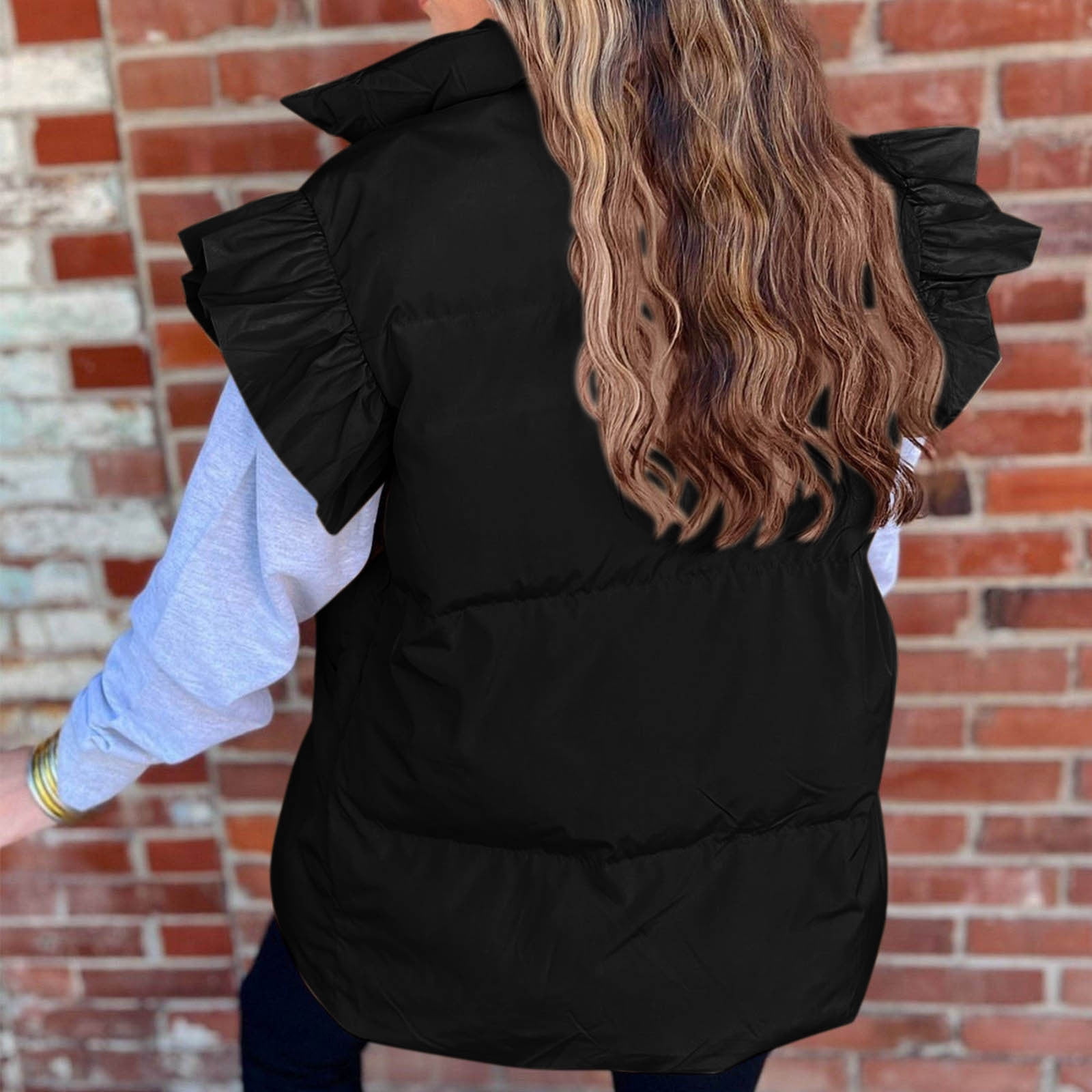Lenpel Women's Padded Vests Button down Ruffle Sleeveless Puffer Jackets Lightweight Winter Coat with Pockets